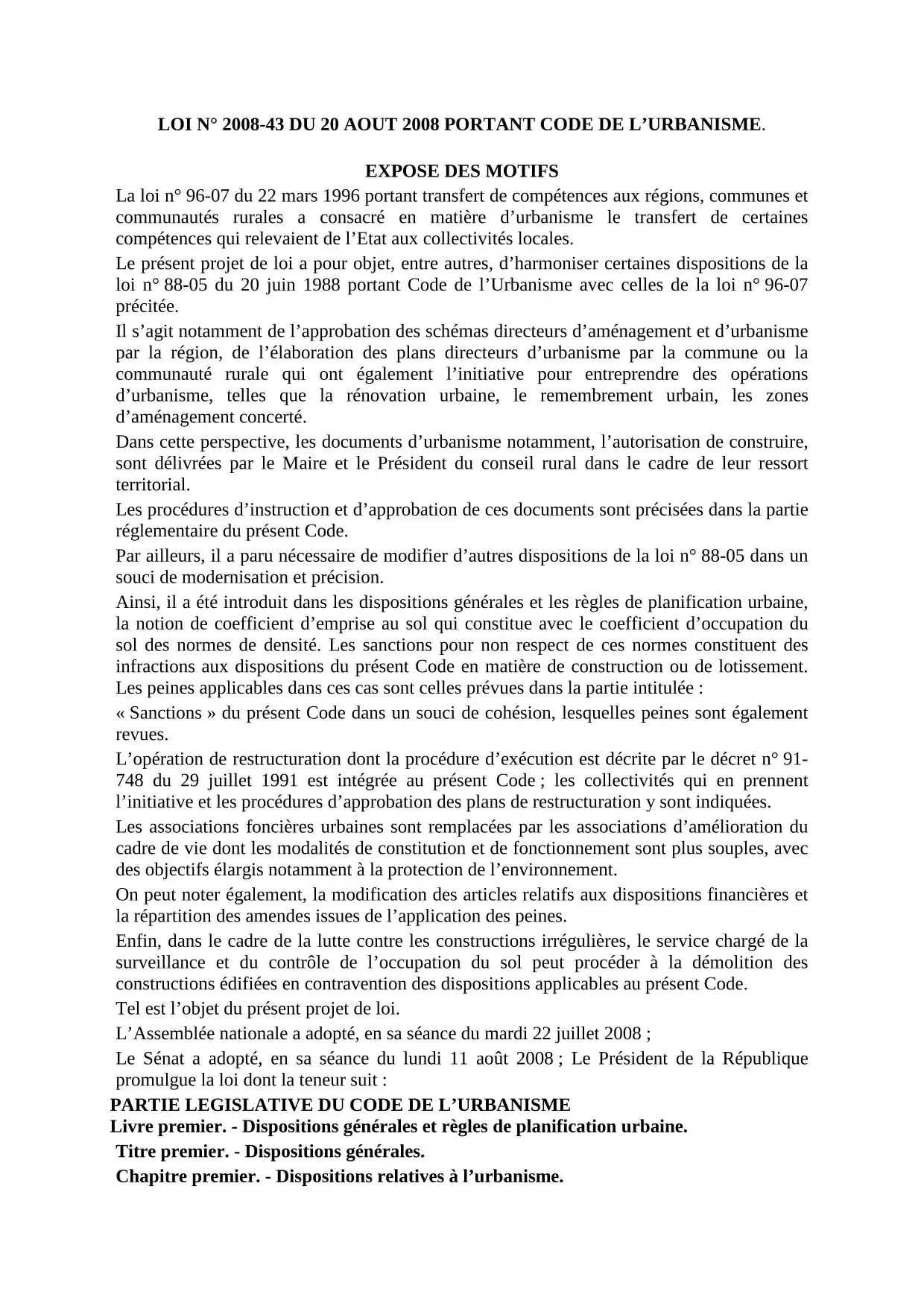 Code de l'Urbanisme - Loi n° 2008-43 du 20 août 2008