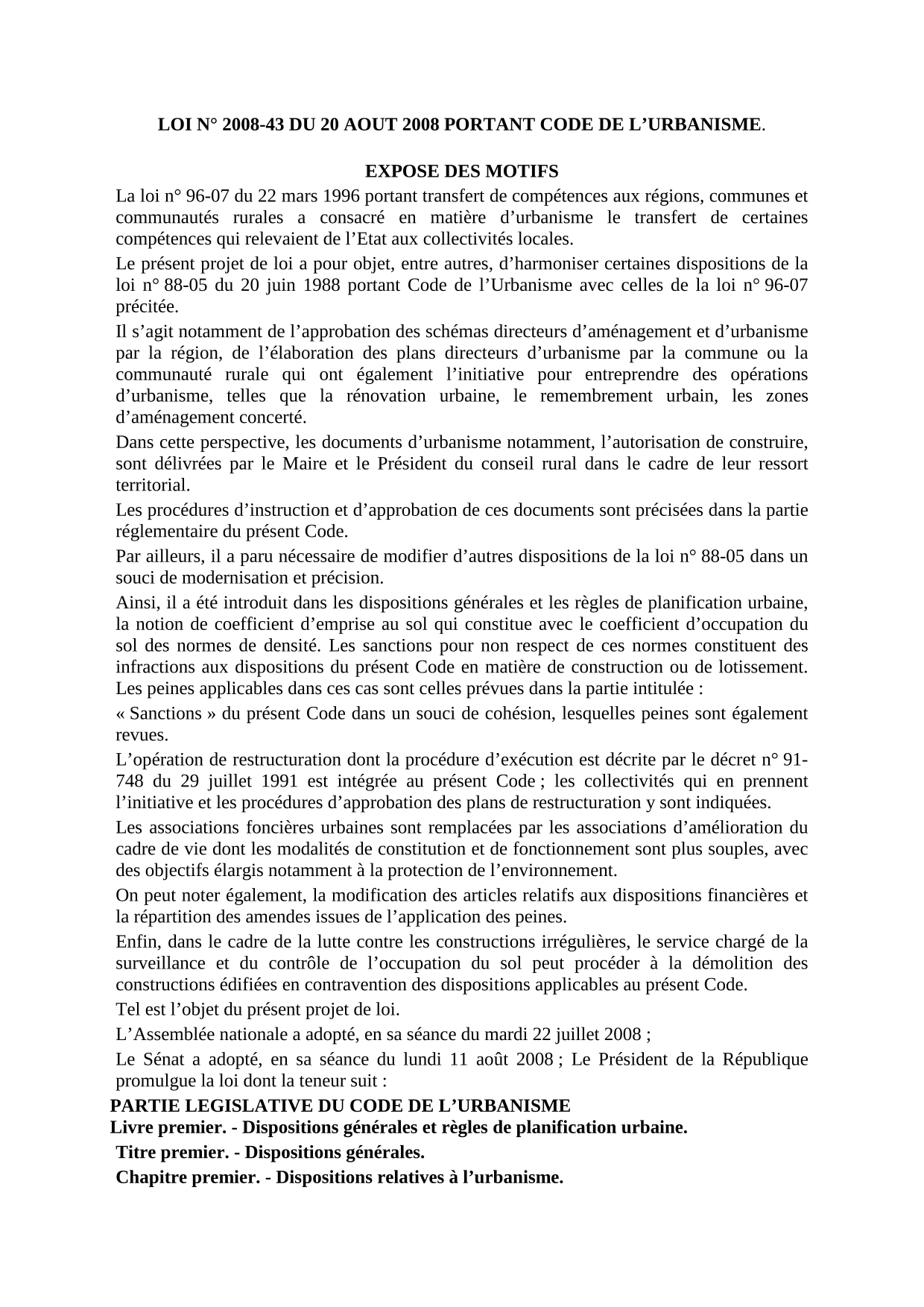 Code de l'Urbanisme - Loi n° 2008-43 du 20 août 2008