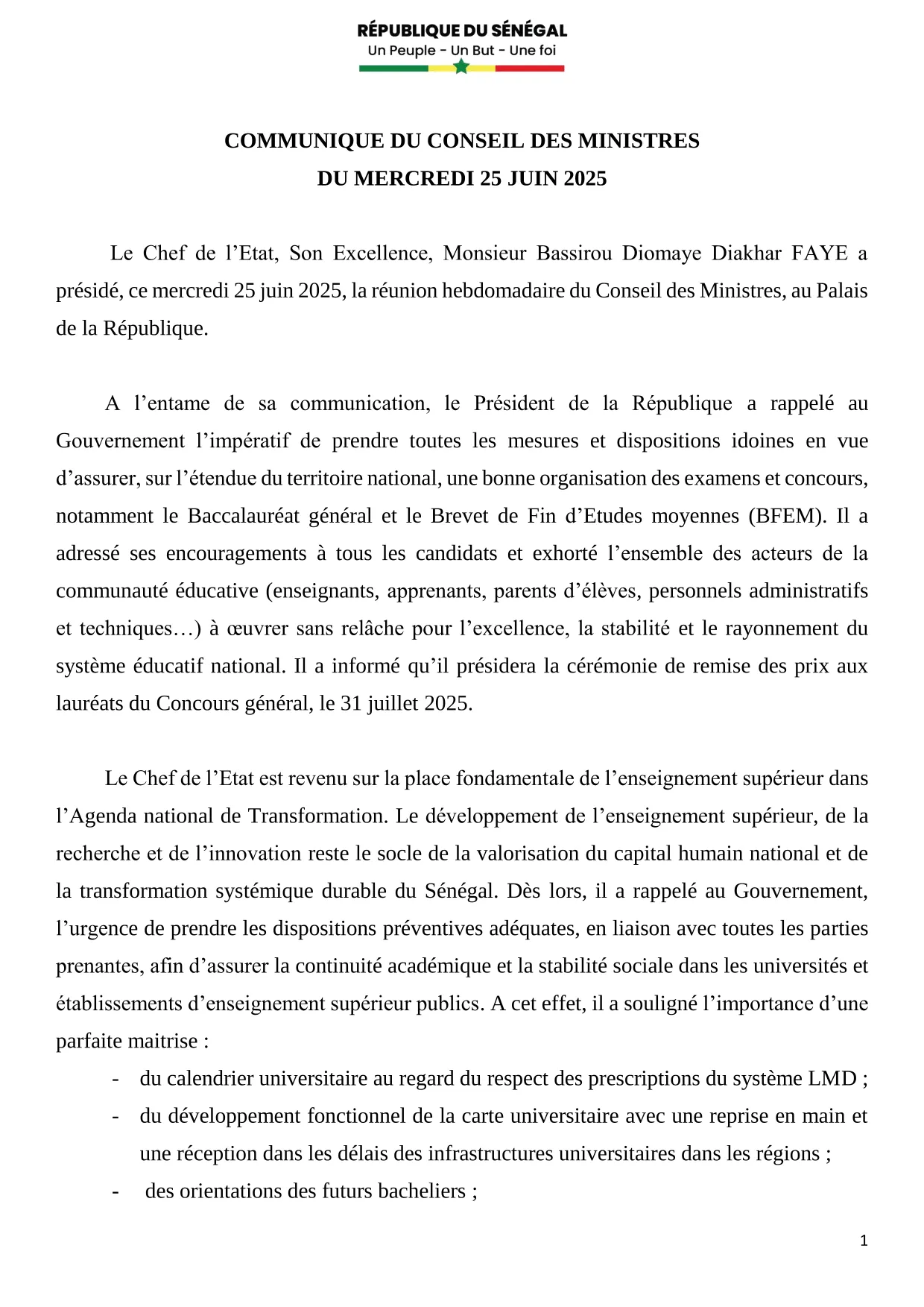 Conseil des ministres du 25 Juin 2025