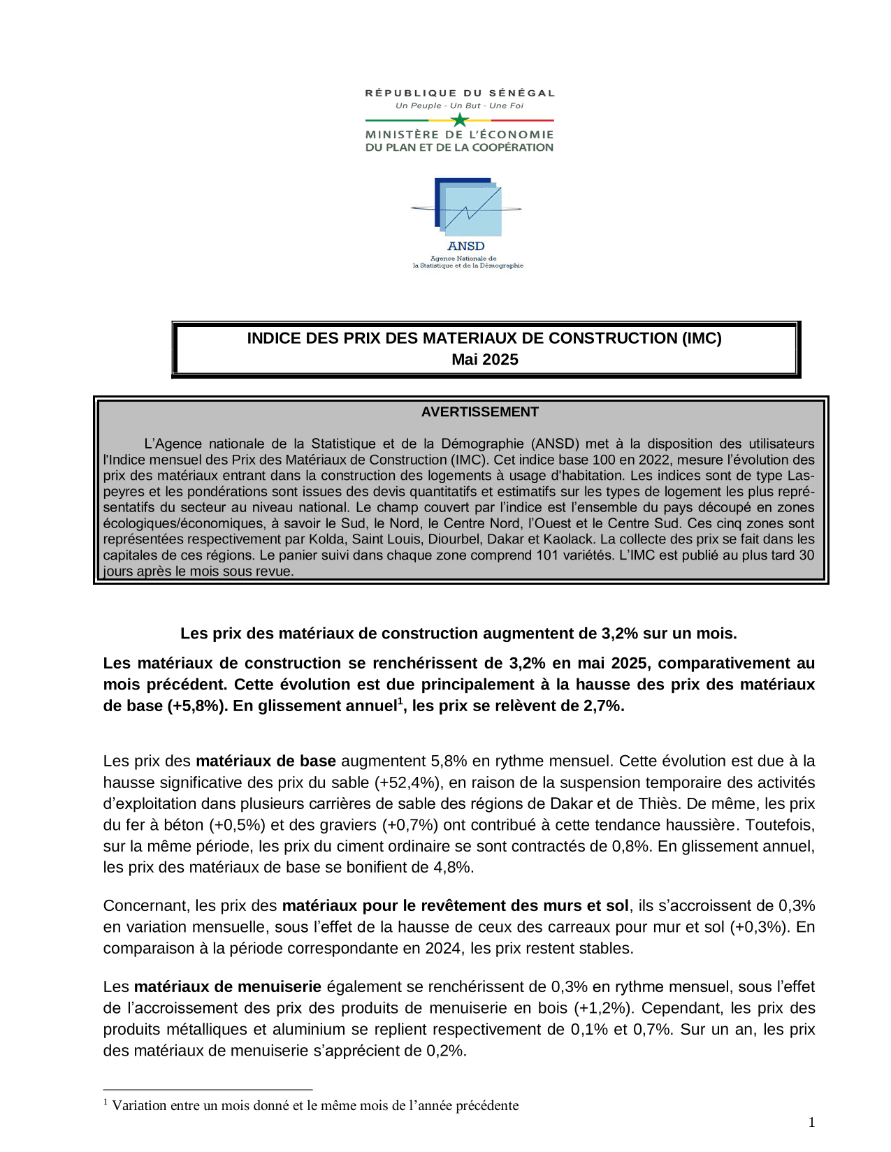 Indice des prix des matériaux de construction (IMC), mai 2025 – ANSD
