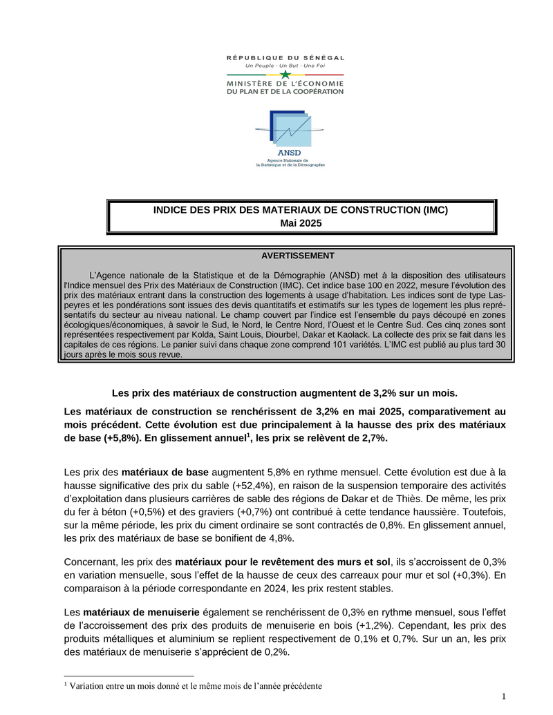 Indice des prix des matériaux de construction (IMC), mai 2025 – ANSD