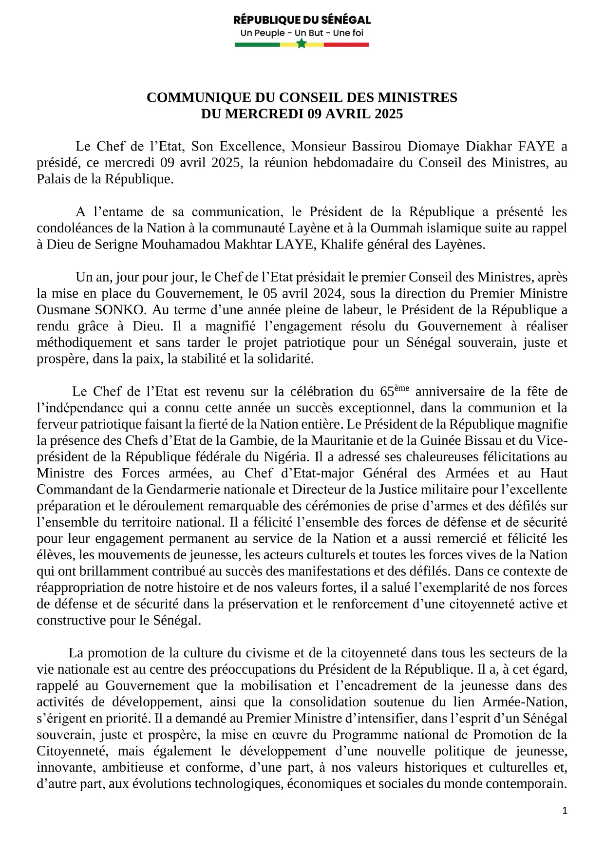 Conseil des ministres du 09 Avril 2025