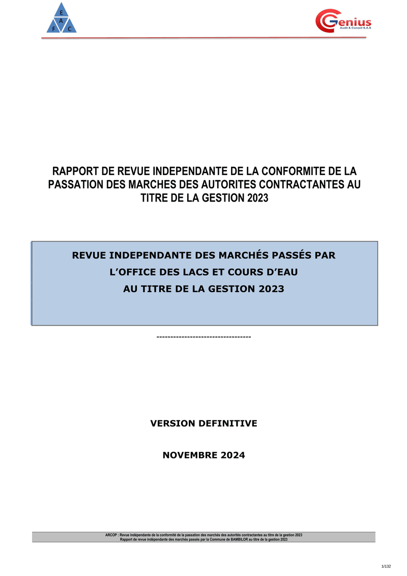 Revue indépendante de la passation et de l’exécution des marchés de l’Office des Lacs et Cours d’Eau (OLAC), gestion 2023 – ARCOP