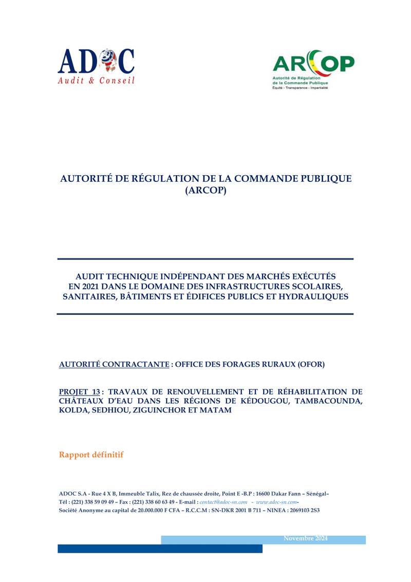 Rapport d’audit technique indépendant du marché n°T0767/21 de renouvellement et réhabilitation de châteaux d’eau de l’OFOR, 2021 – ARCOP