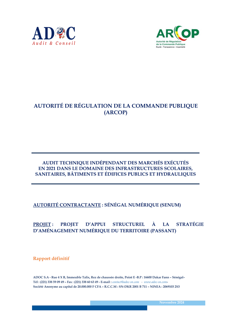 Audit technique indépendant du projet PASSANT de Sénégal Numérique (SENUM) – ARCOP