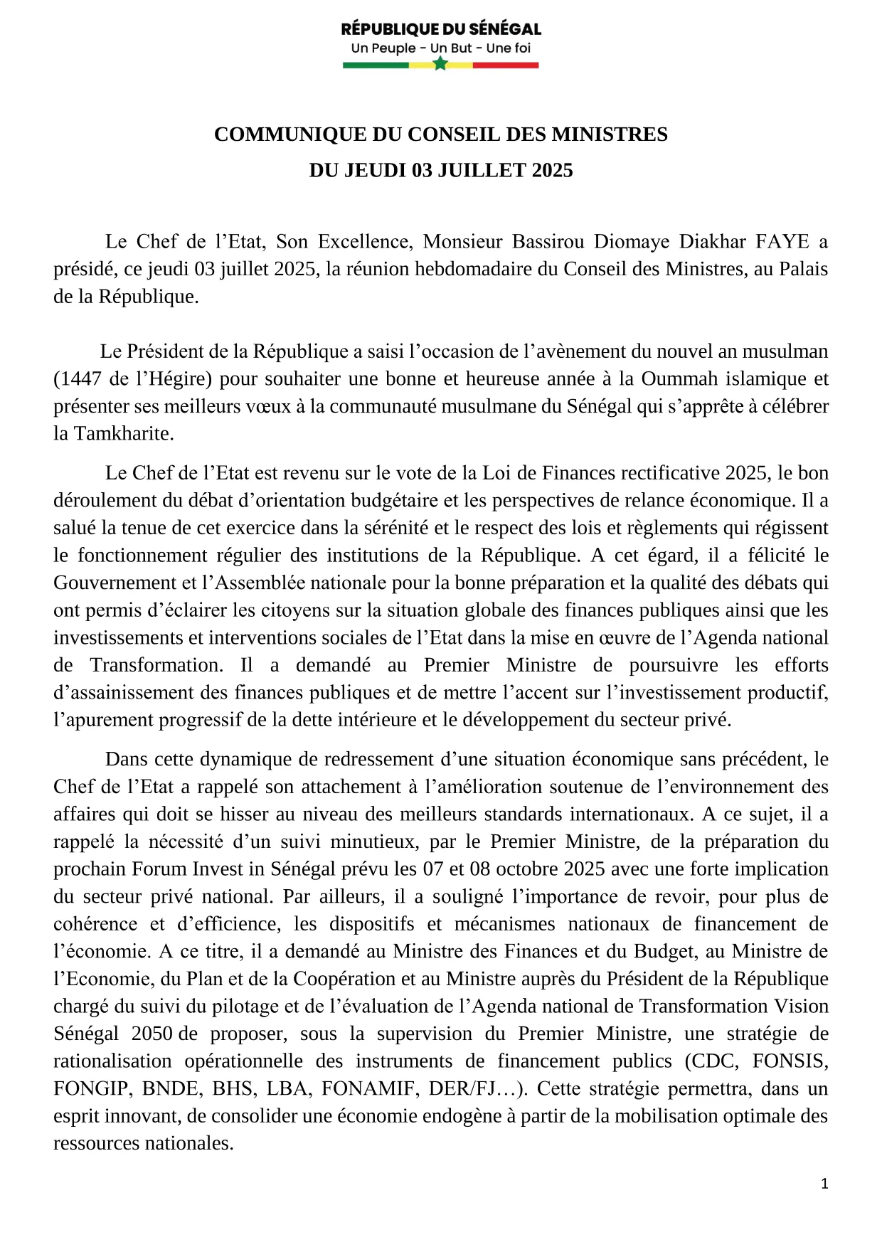 Conseil des ministres du 03 Juillet 2025
