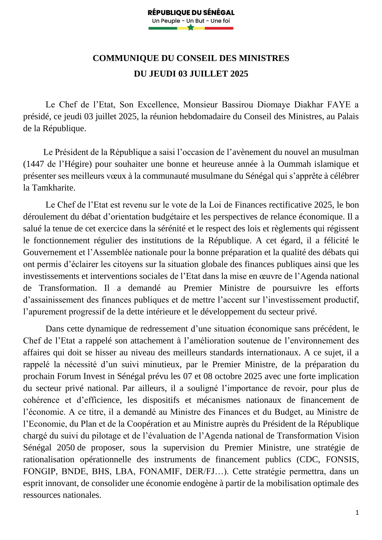 Conseil des ministres du 03 Juillet 2025