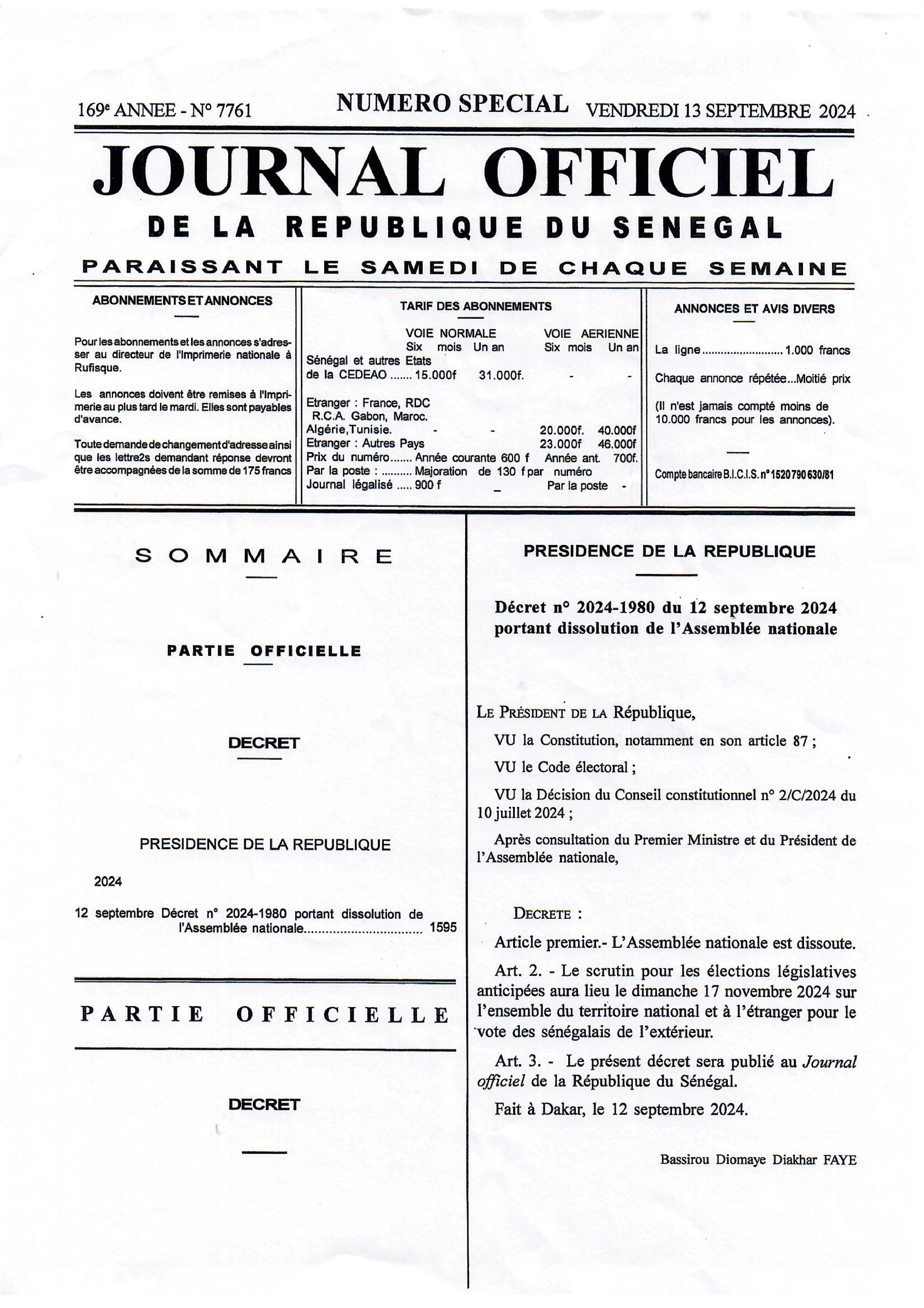 Décret n° 2024-1980 du 12 septembre 2024 portant dissolution de l’Assemblée nationale et fixation des élections législatives anticipées – Présidence de la République du Sénégal