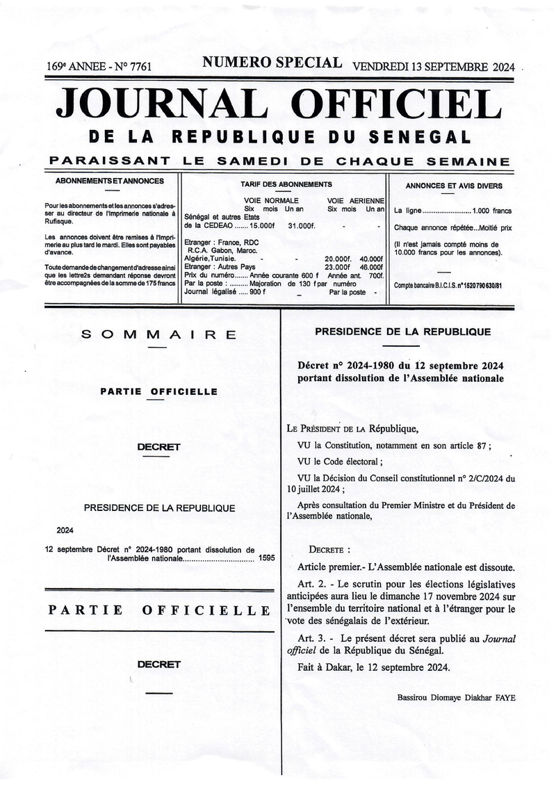 Décret n° 2024-1980 du 12 septembre 2024 portant dissolution de l’Assemblée nationale et fixation des élections législatives anticipées – Présidence de la République du Sénégal