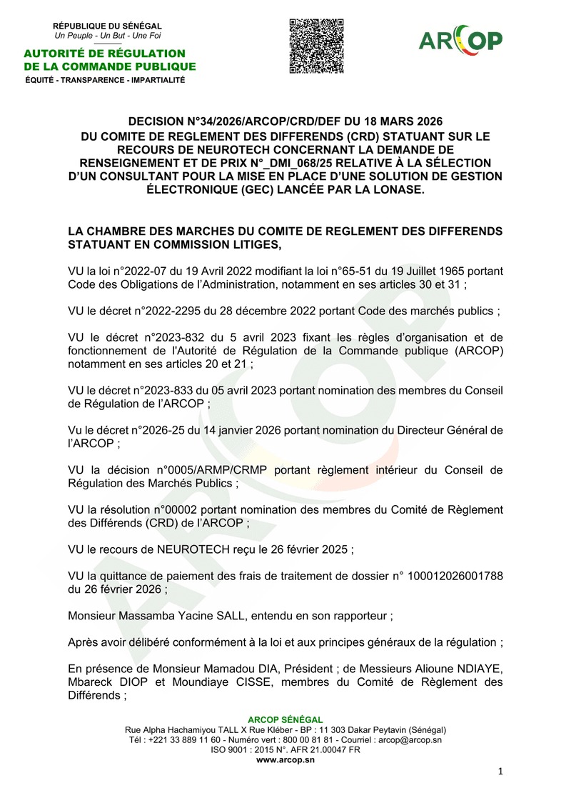 Décision n°034/2026/ARCOP/CRD/DEF sur le recours de NEUROTECH contre la DRP GEC de la LONASE – ARCOP