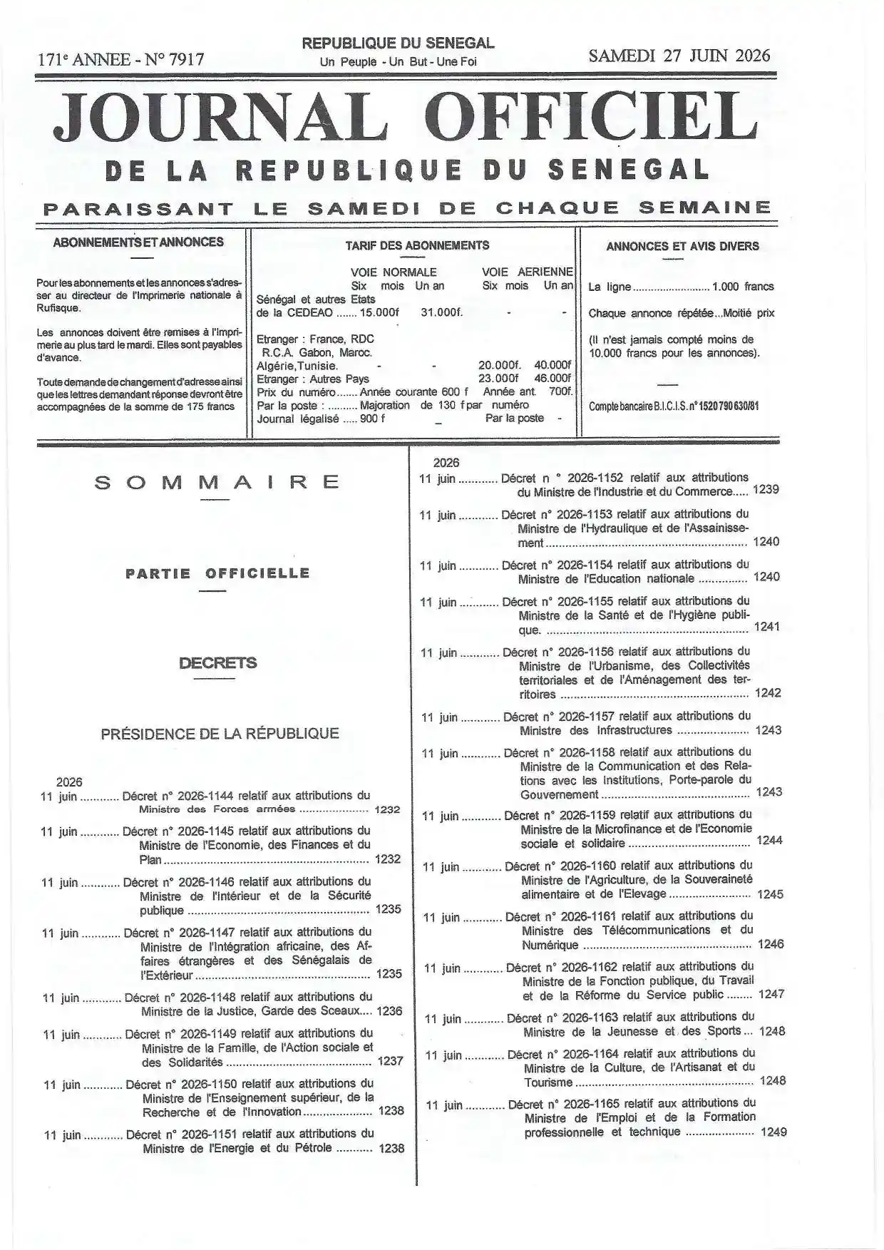 Journal Officiel N° 7917 du 27 juin 2026 - République du Sénégal