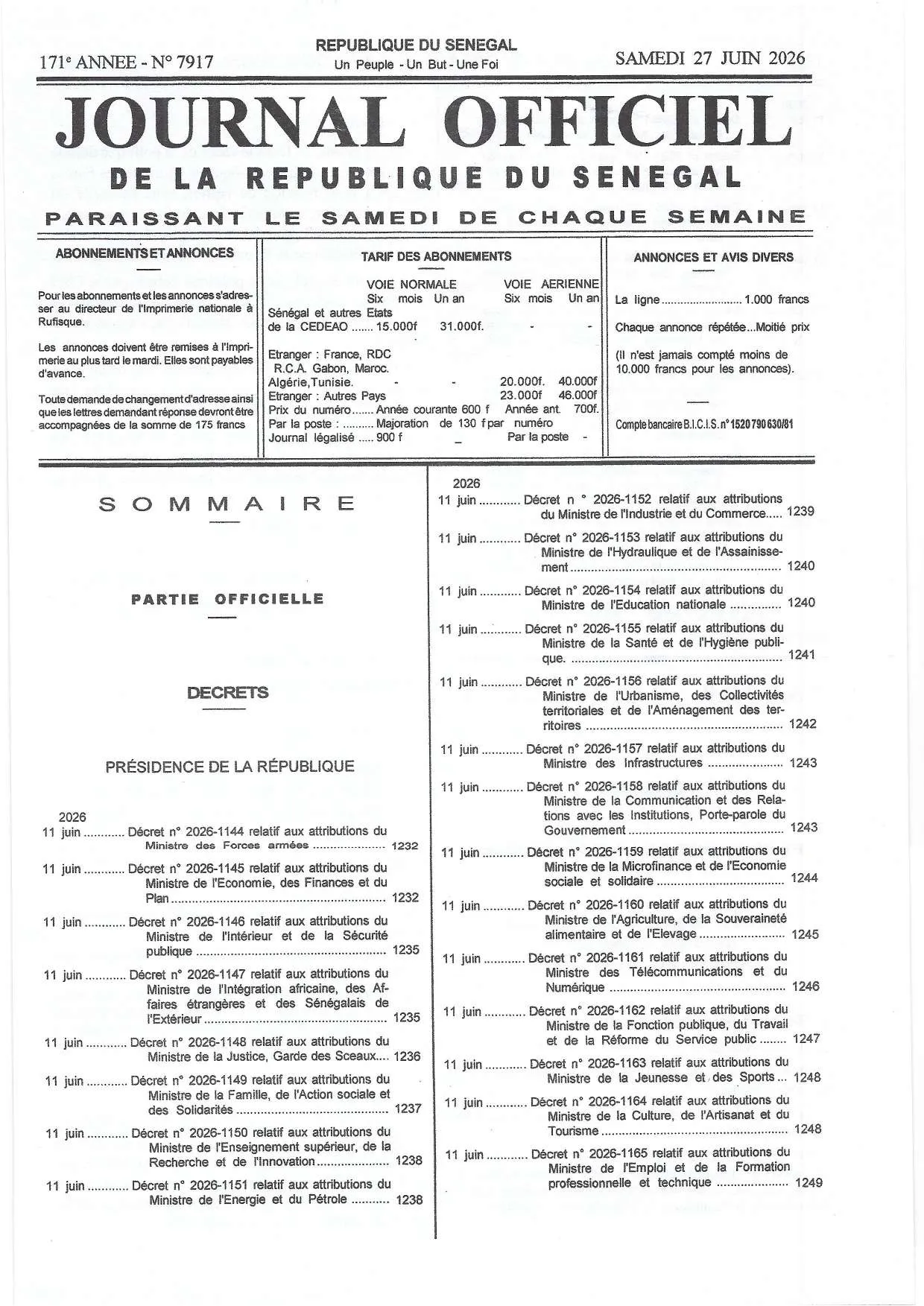 Journal Officiel N° 7917 du 27 juin 2026 - République du Sénégal 
