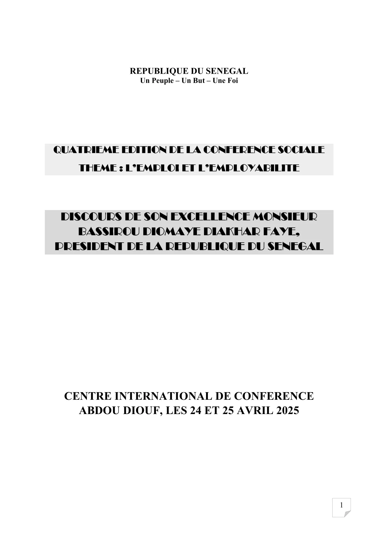 Discours président Diomaye - 4e Conférence sociale sur l’emploi et l’employabilité.