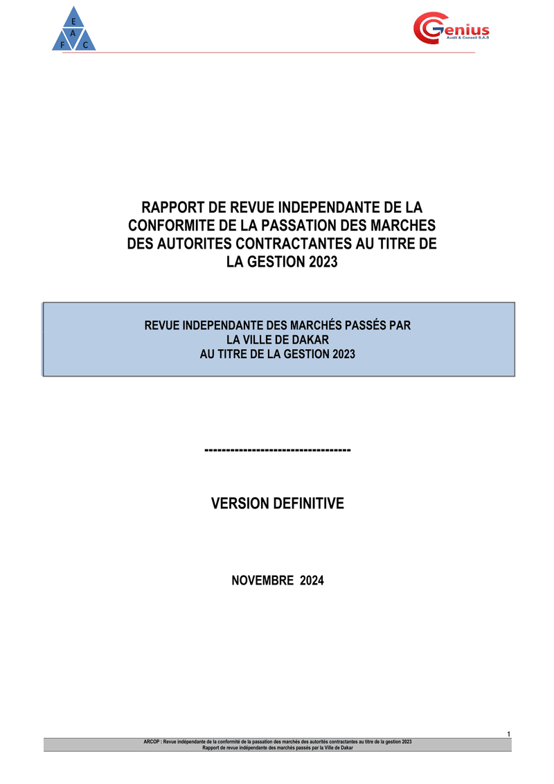 Rapport d’audit de conformité sur la passation des marchés publics de la Ville de Dakar, gestion 2023 – ARCOP