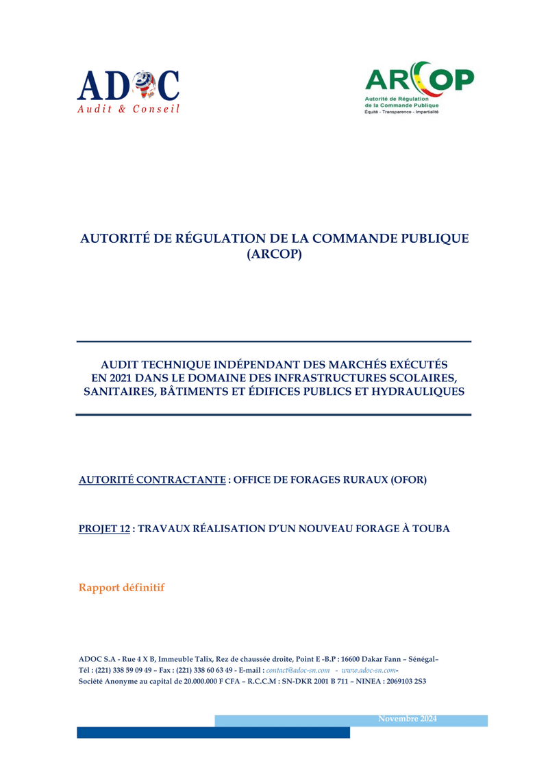 Audit technique indépendant du nouveau forage à Touba, marchés exécutés en 2021 – ARCOP