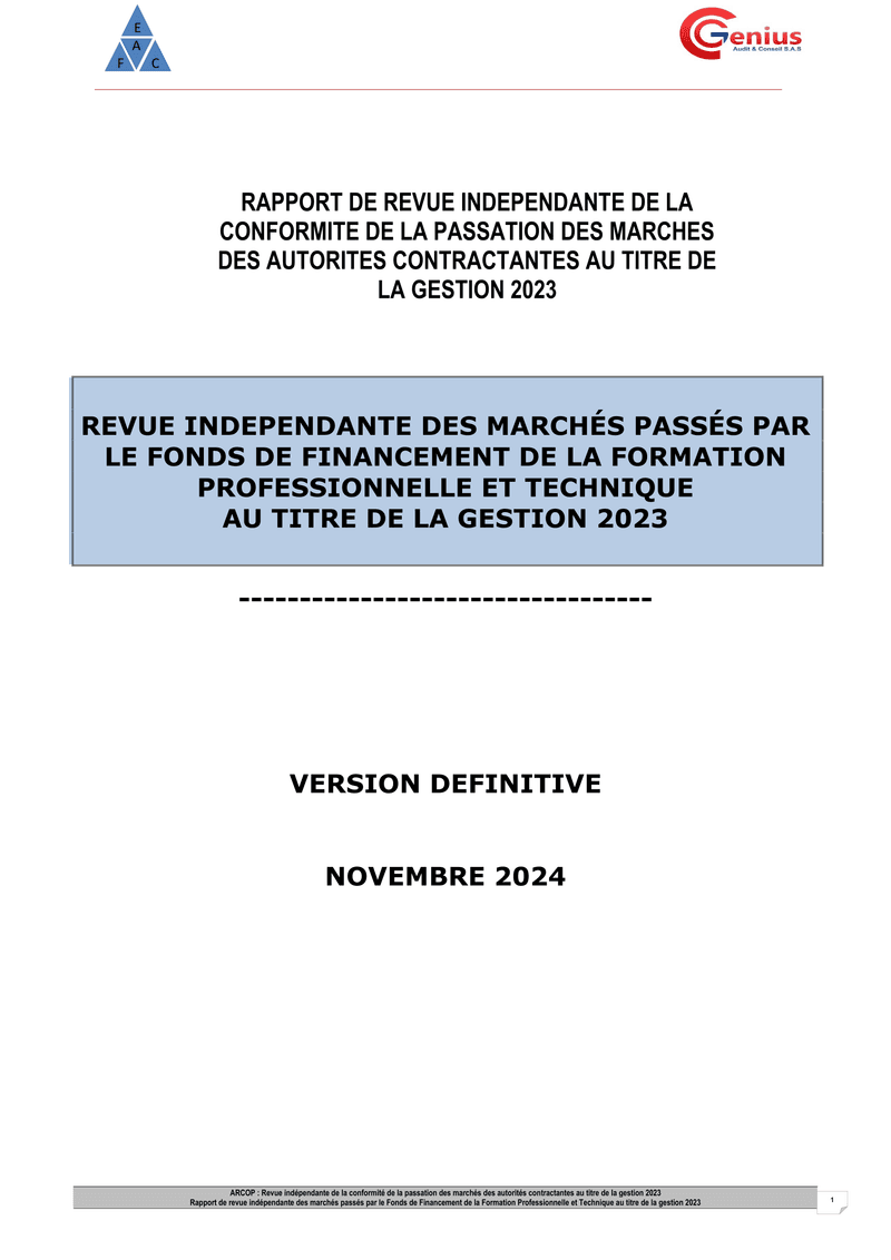 Revue indépendante des marchés 2023 du Fonds de Financement de la Formation Professionnelle et Technique (3FPT) au Sénégal – ARCOP