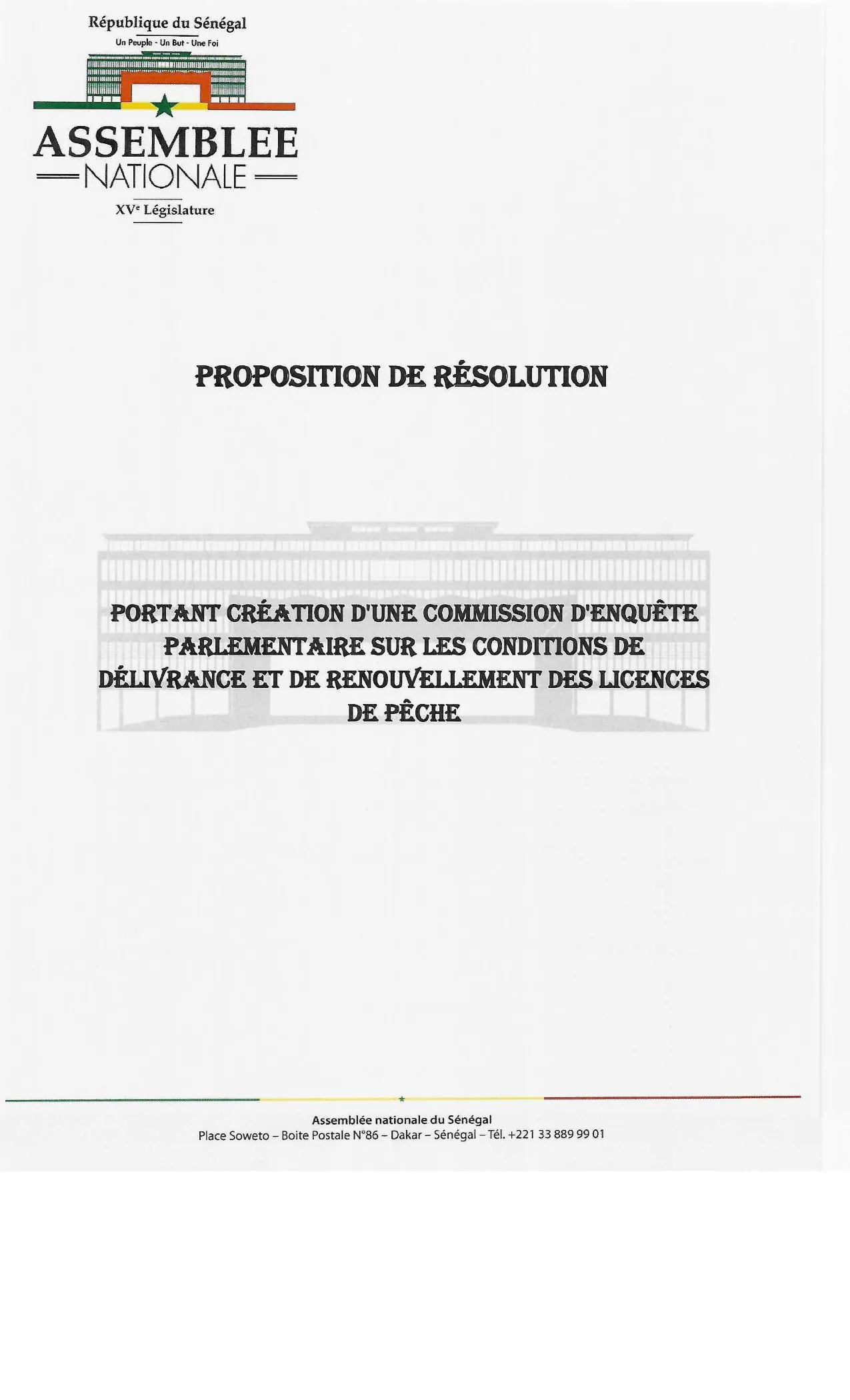 Proposition de résolution – commission d'enquête parlementaire sur les licences de pêche au Sénégal (2026)