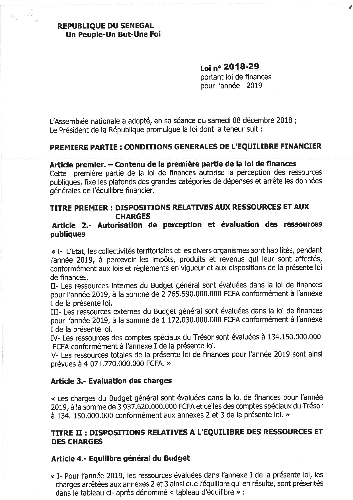 Loi n° 2018-29 portant loi de finances pour l'année 2019