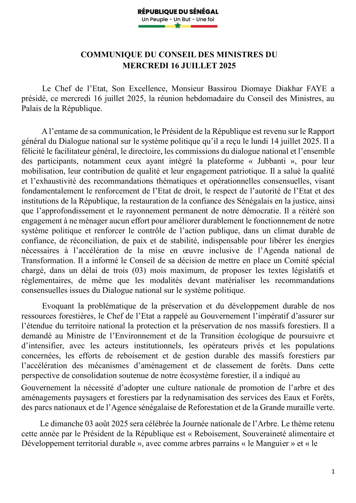 Conseil des ministres du 16 Juillet 2025