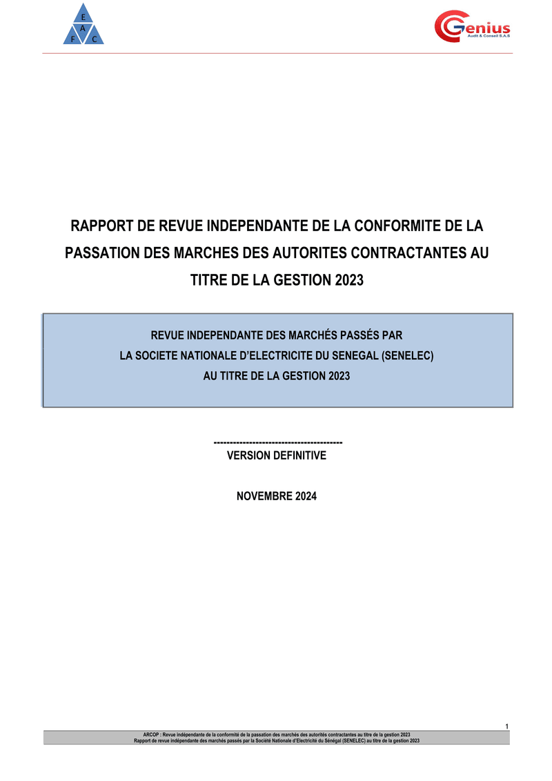 Revue indépendante de la passation des marchés de la Senelec au titre de la gestion 2023 – ARCOP