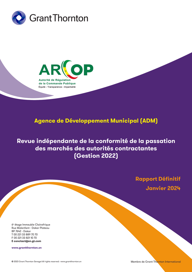 Rapport définitif de revue indépendante de la passation des marchés de l’Agence de Développement Municipal (ADM) pour la gestion 2022 – ARCOP