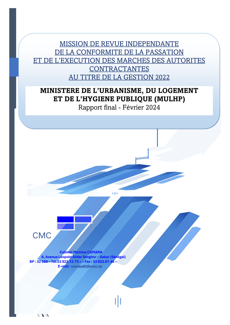 Rapport d’audit de la passation et de l’exécution des marchés du Ministère de l’Urbanisme, du Logement et de l’Hygiène publique, gestion 2022 – Cabinet Mamina CAMARA – ARCOP