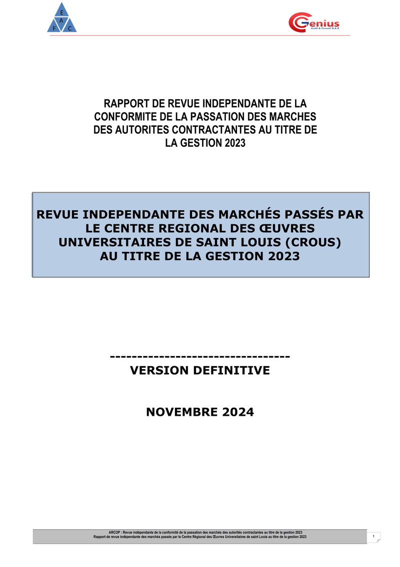 Rapport d’audit de conformité des marchés publics du Centre régional des œuvres universitaires de Saint-Louis pour la gestion 2023 – ARCOP