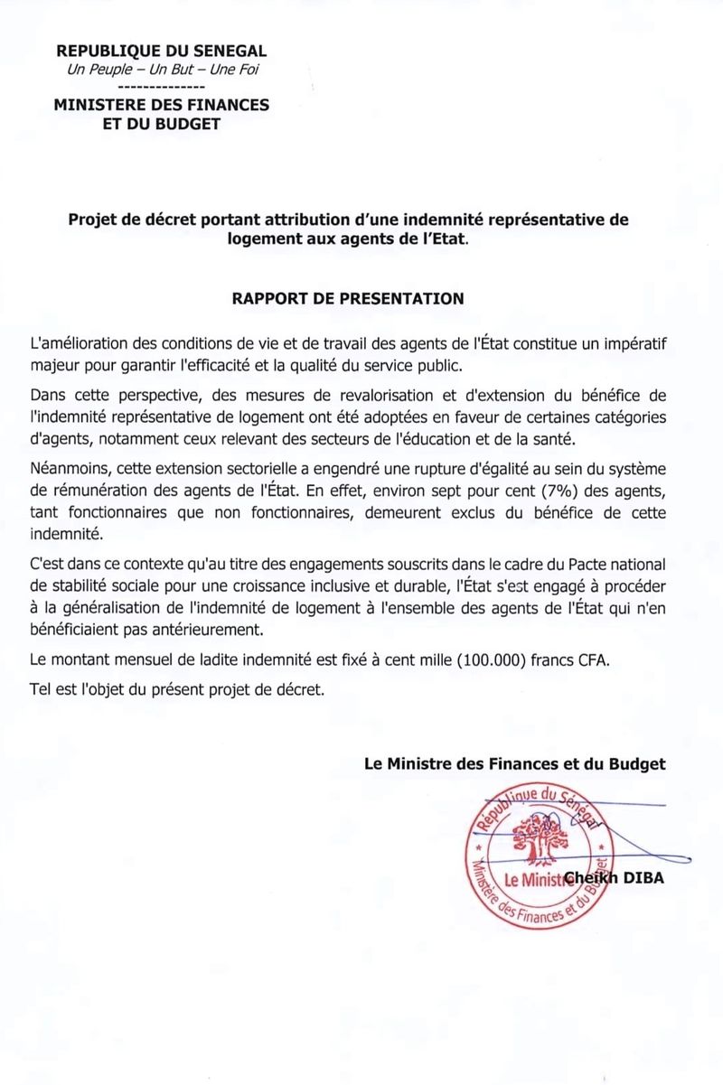 Décret n° 2026-06 du 07 janvier 2026 - Indemnité de logements des agents de l'Etat
