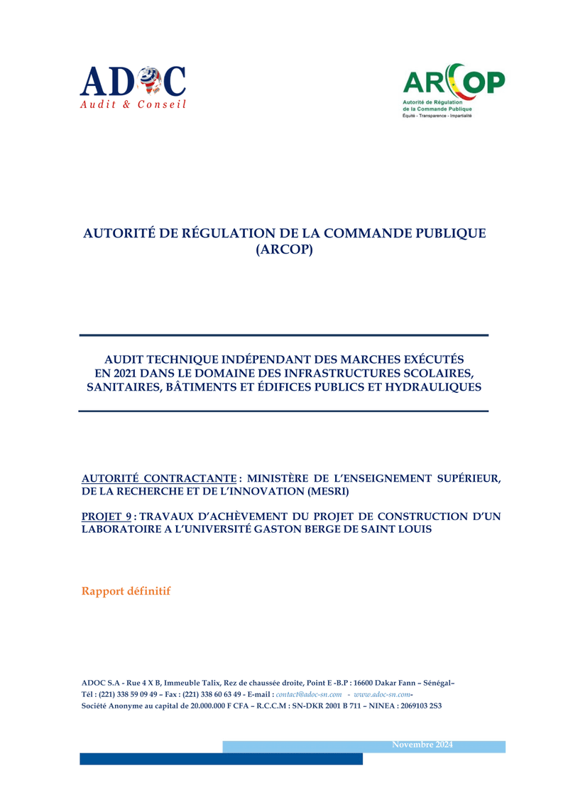 Rapport d’audit technique du marché d’achèvement d’un laboratoire à l’Université Gaston Berger de Saint-Louis – ARCOP