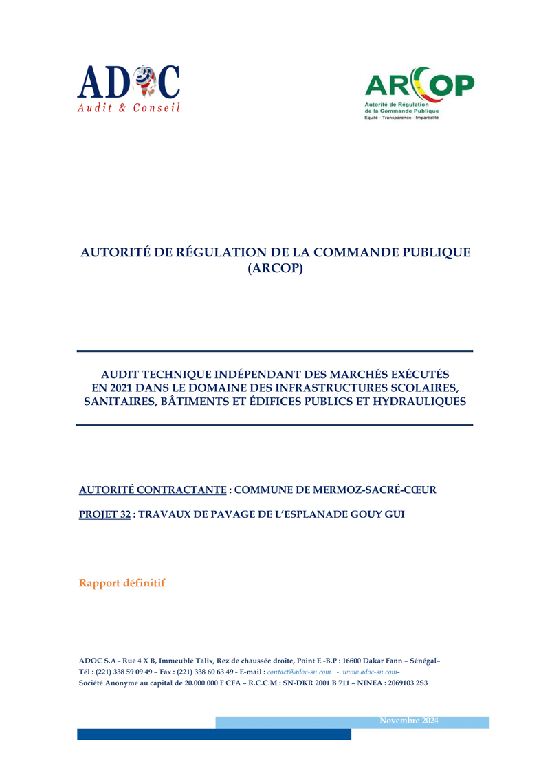 Rapport définitif d’audit technique indépendant sur le projet 32 de pavage de l’esplanade Gouy Gui à Mermoz-Sacré-Cœur – ARCOP