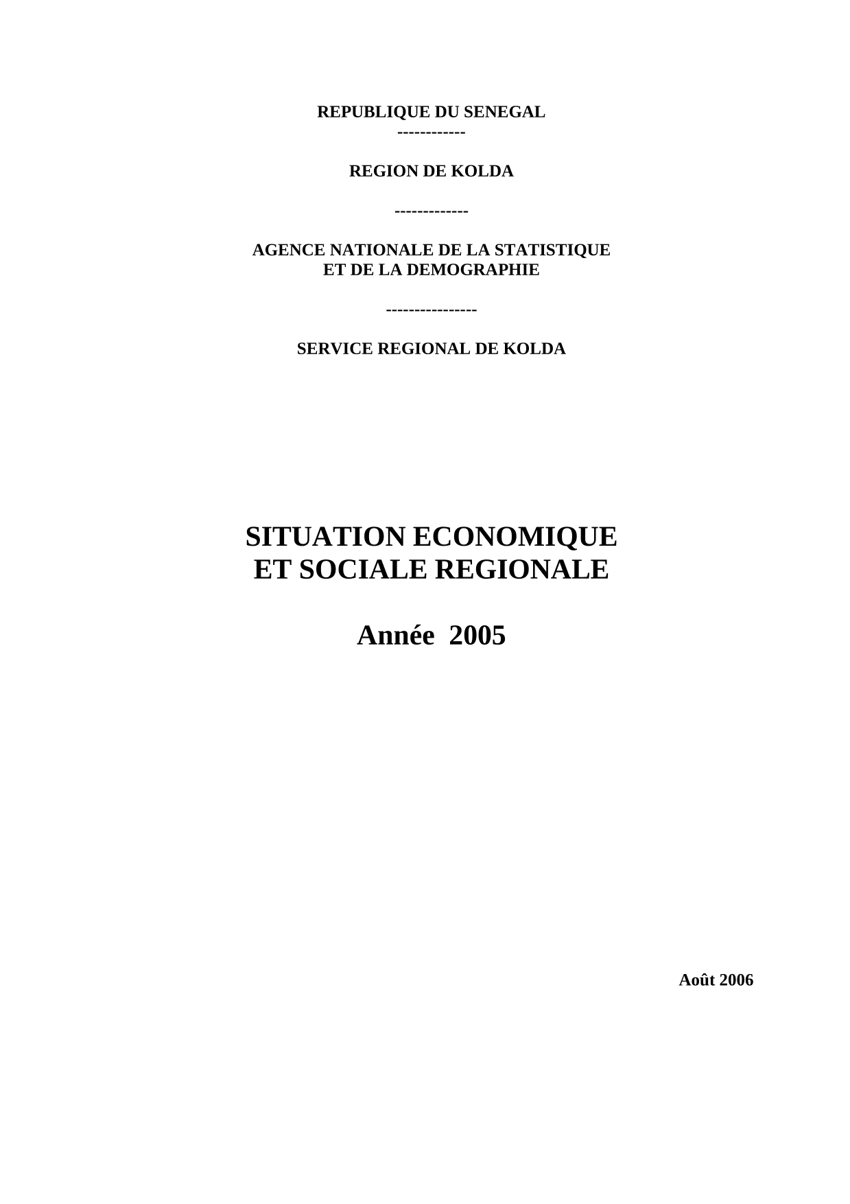 Situation économique et sociale (SES) de la région de Kolda 2005 – ANSD