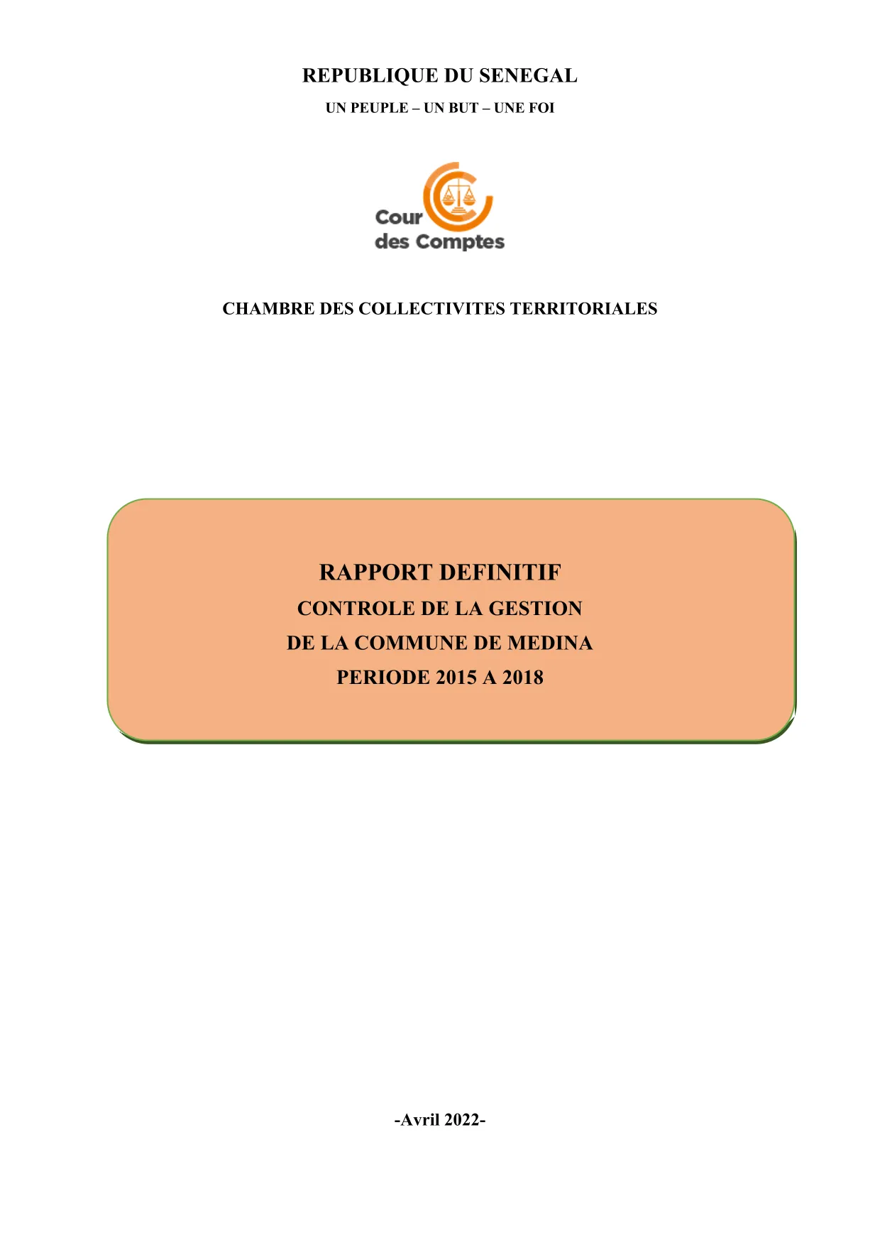 Cour des comptes Rapport contrôle commune de Médina (2015-2018)