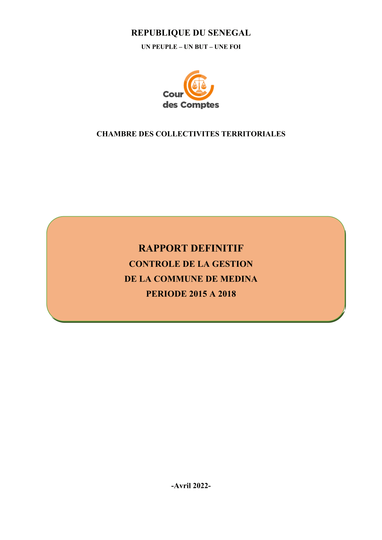 Cour des comptes Rapport contrôle commune de Médina (2015-2018)