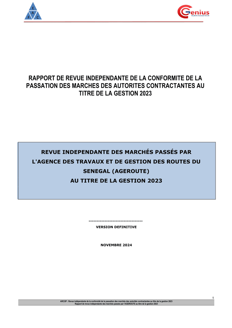 Rapport d’audit de conformité sur les marchés publics passés par l’AGEROUTE au titre de la gestion 2023 – ARCOP