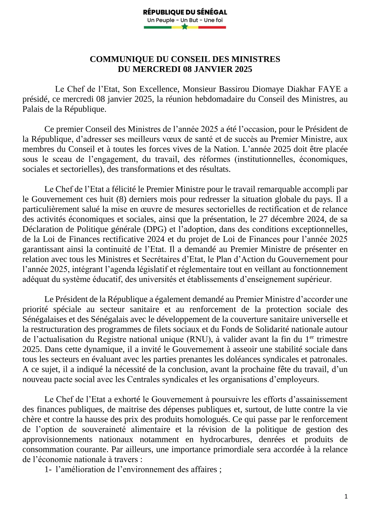 Conseil des ministres du 08 janvier 2025