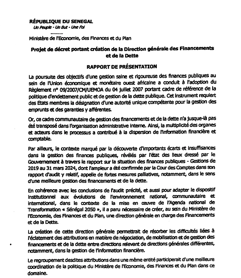 Décret n° 2026-1176 portant création de la Direction générale des Financements et de la Dette – Ministère de l'Économie, des Finances et du Plan