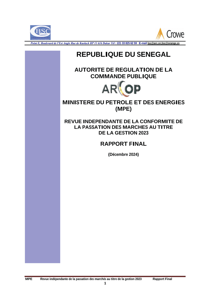 Rapport final d’audit de conformité des marchés publics 2023 du Ministère du Pétrole et des Énergies – ARCOP