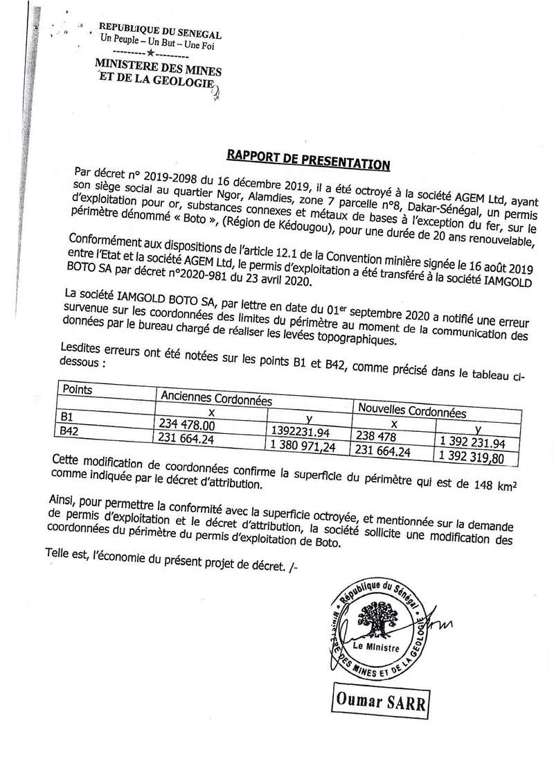 Décret n° 2021-51 modifiant les coordonnées du permis d’exploitation de Boto dans la région de Kédougou – Président de la République du Sénégal
