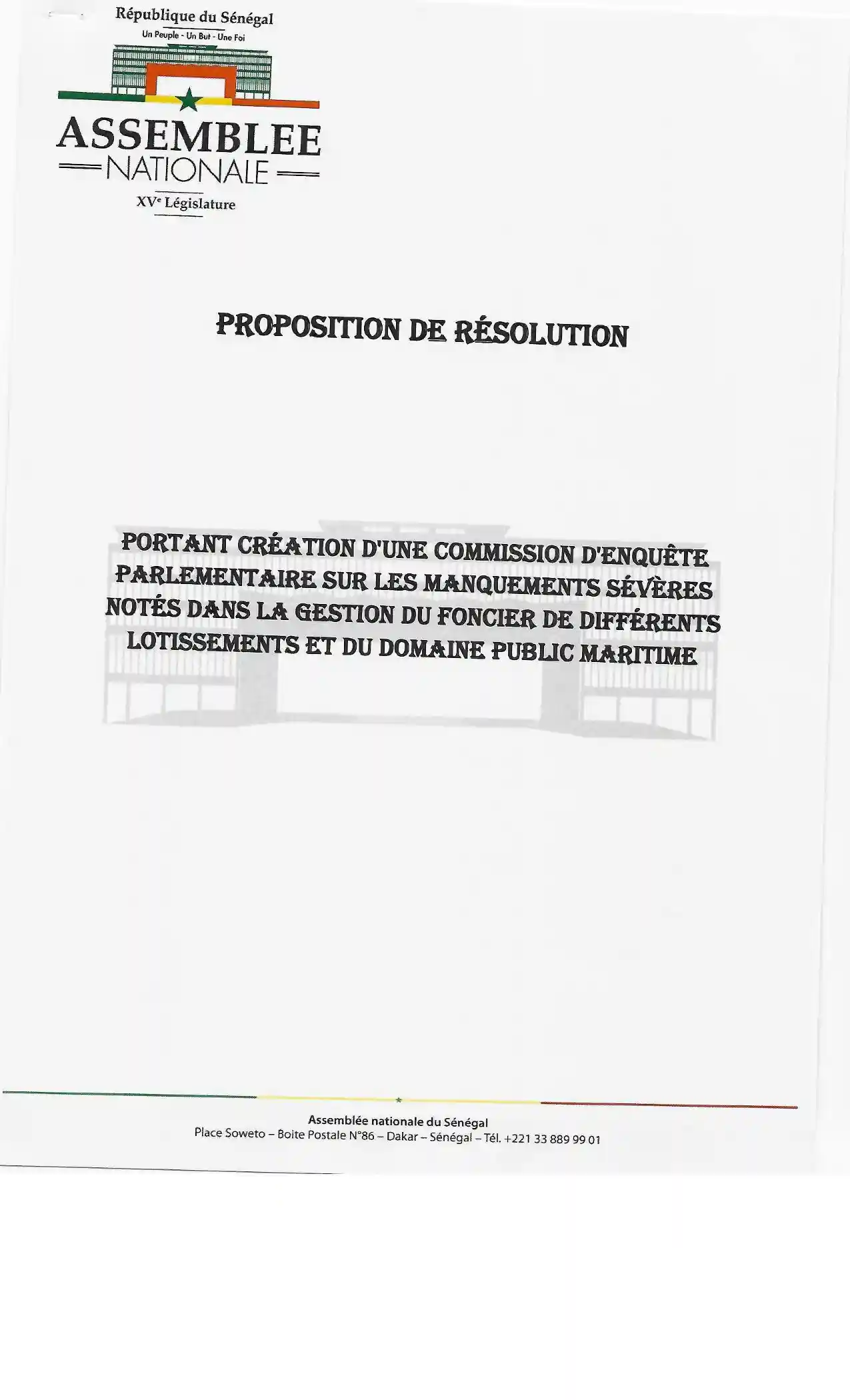 Proposition de résolution (PASTEF) – Création d'une commission d'enquête parlementaire sur les manquements dans la gestion foncière des lotissements et du domaine public maritime – Assemblée nationale du Sénégal (2026)