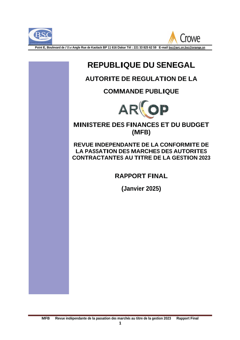 Rapport final de revue indépendante de la conformité de la passation des marchés du Ministère des Finances et du Budget, gestion 2023 – ARCOP