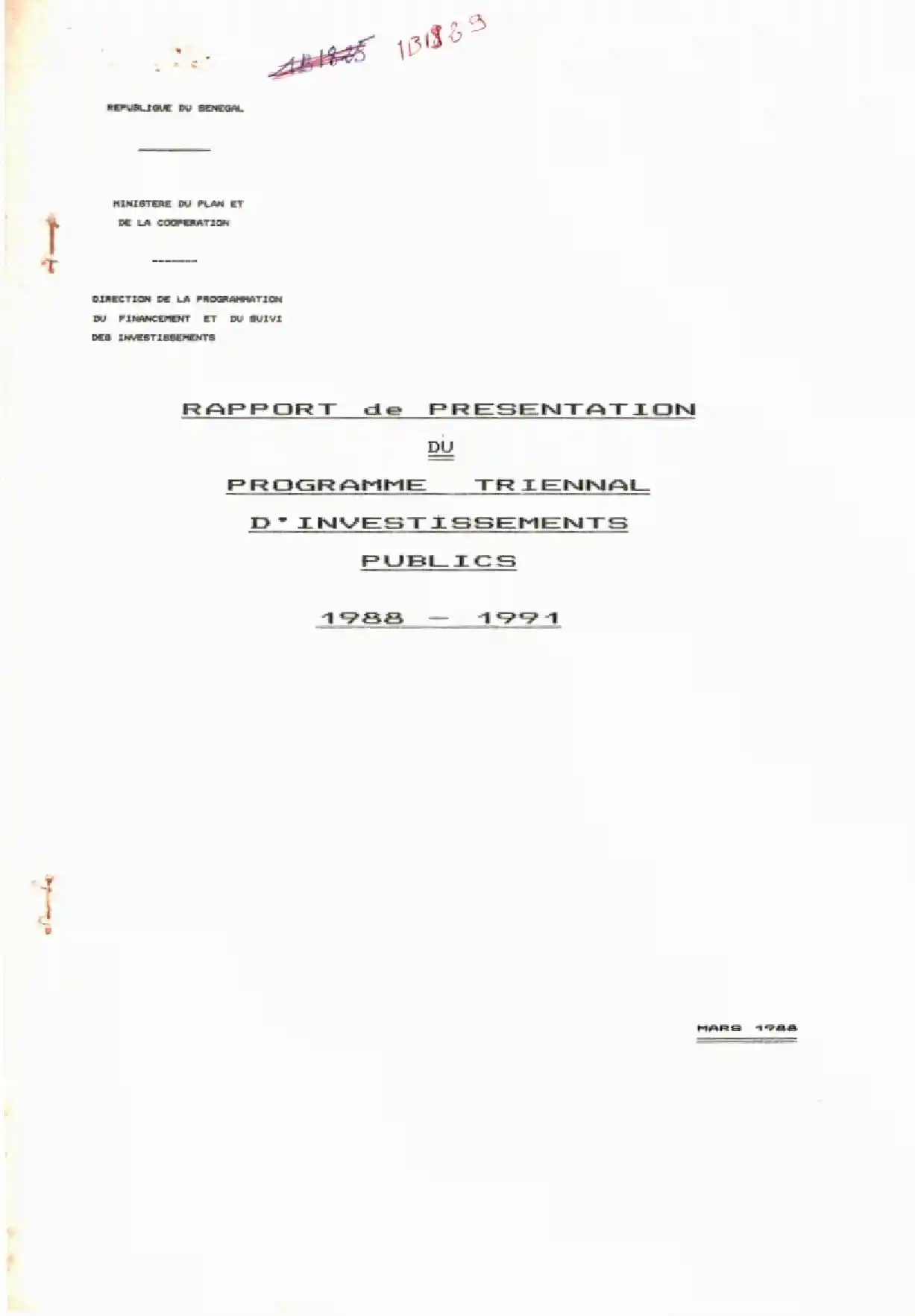 PRESENTATION DU PROGRAMME TRIENNAL D'INVESTISSEMENTS PUBLICS 1988 - 1991