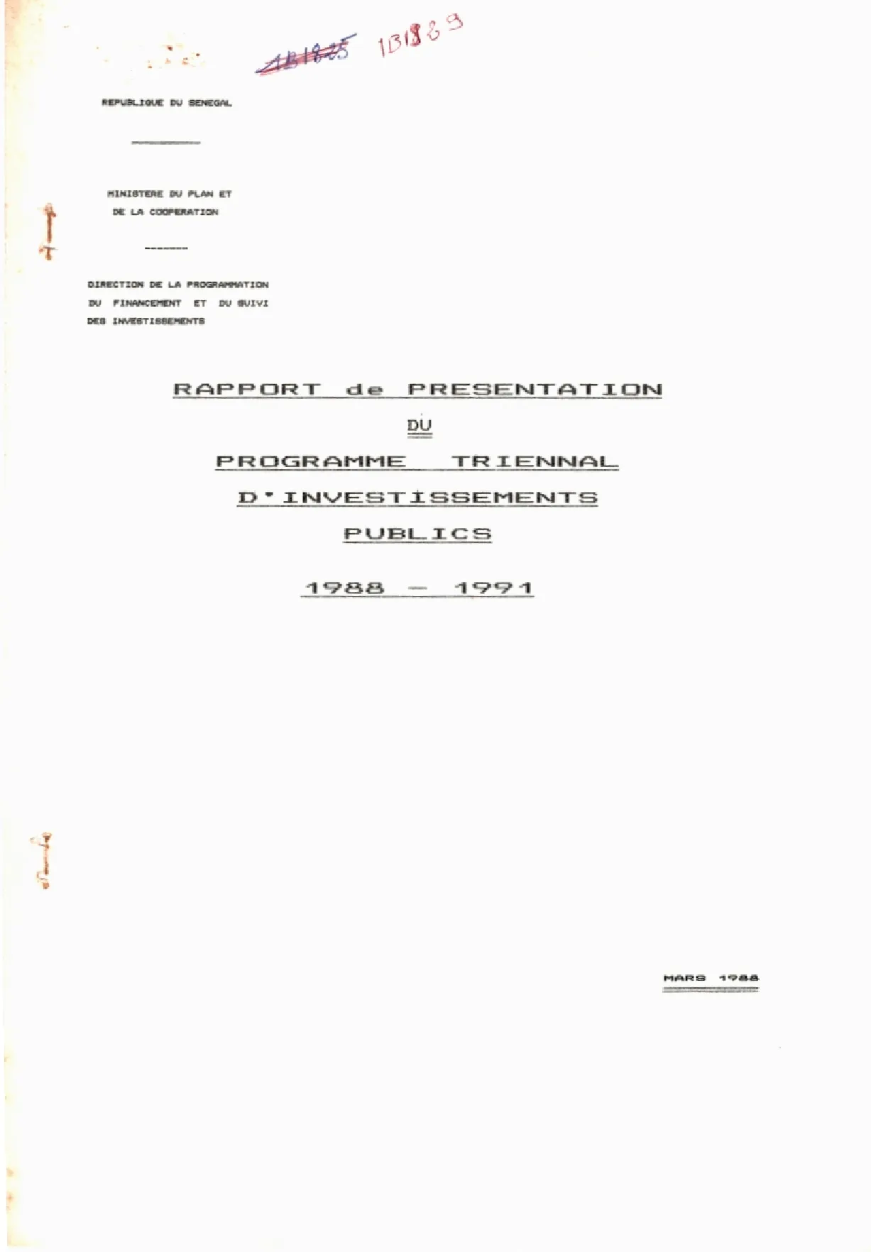 PRESENTATION DU PROGRAMME TRIENNAL D'INVESTISSEMENTS PUBLICS 1988 - 1991