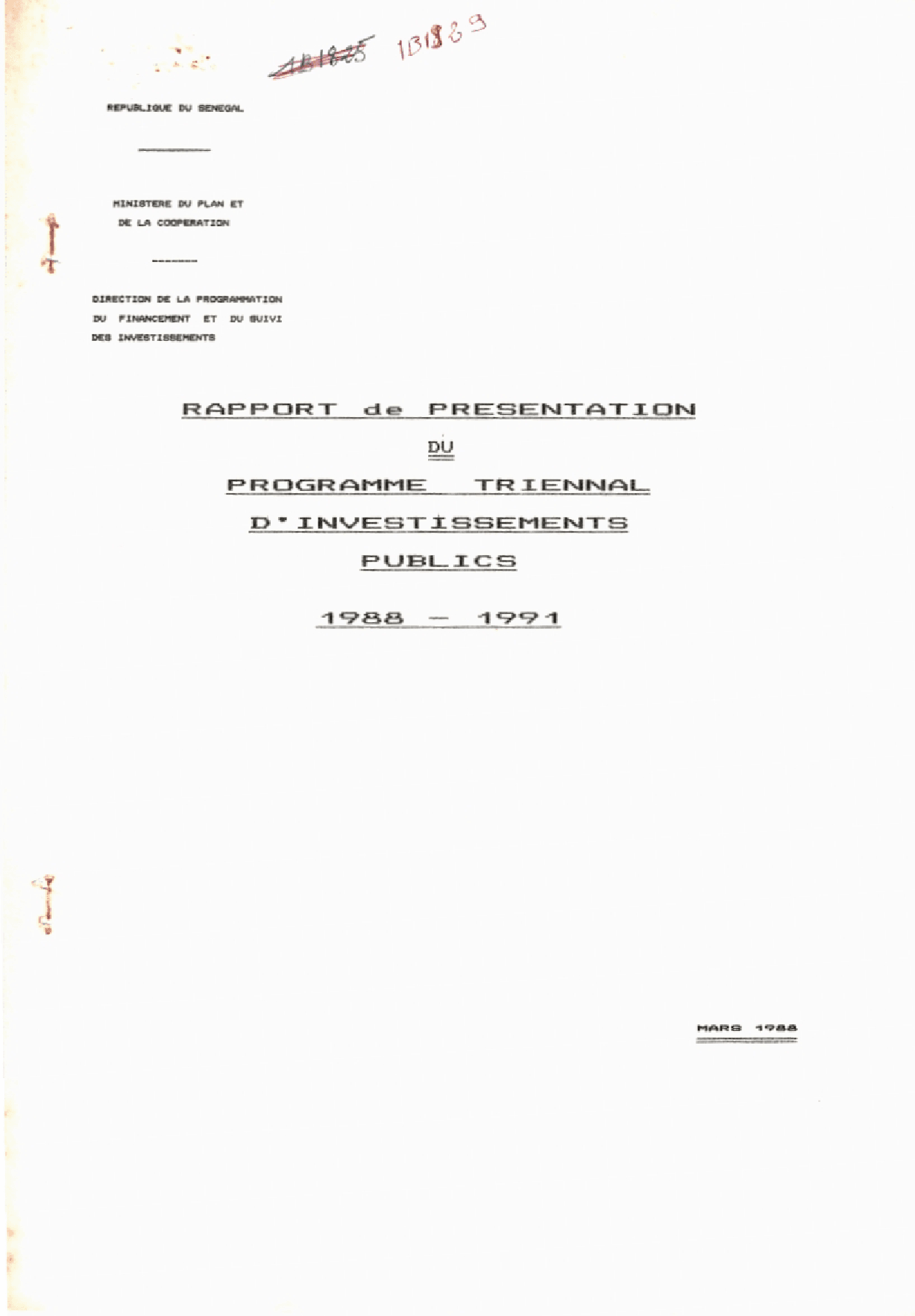 PRESENTATION DU PROGRAMME TRIENNAL D'INVESTISSEMENTS PUBLICS 1988 - 1991