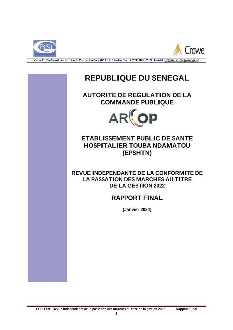 Revue indépendante de la passation des marchés de l’EPSHTN pour la gestion 2022 – ARCOP