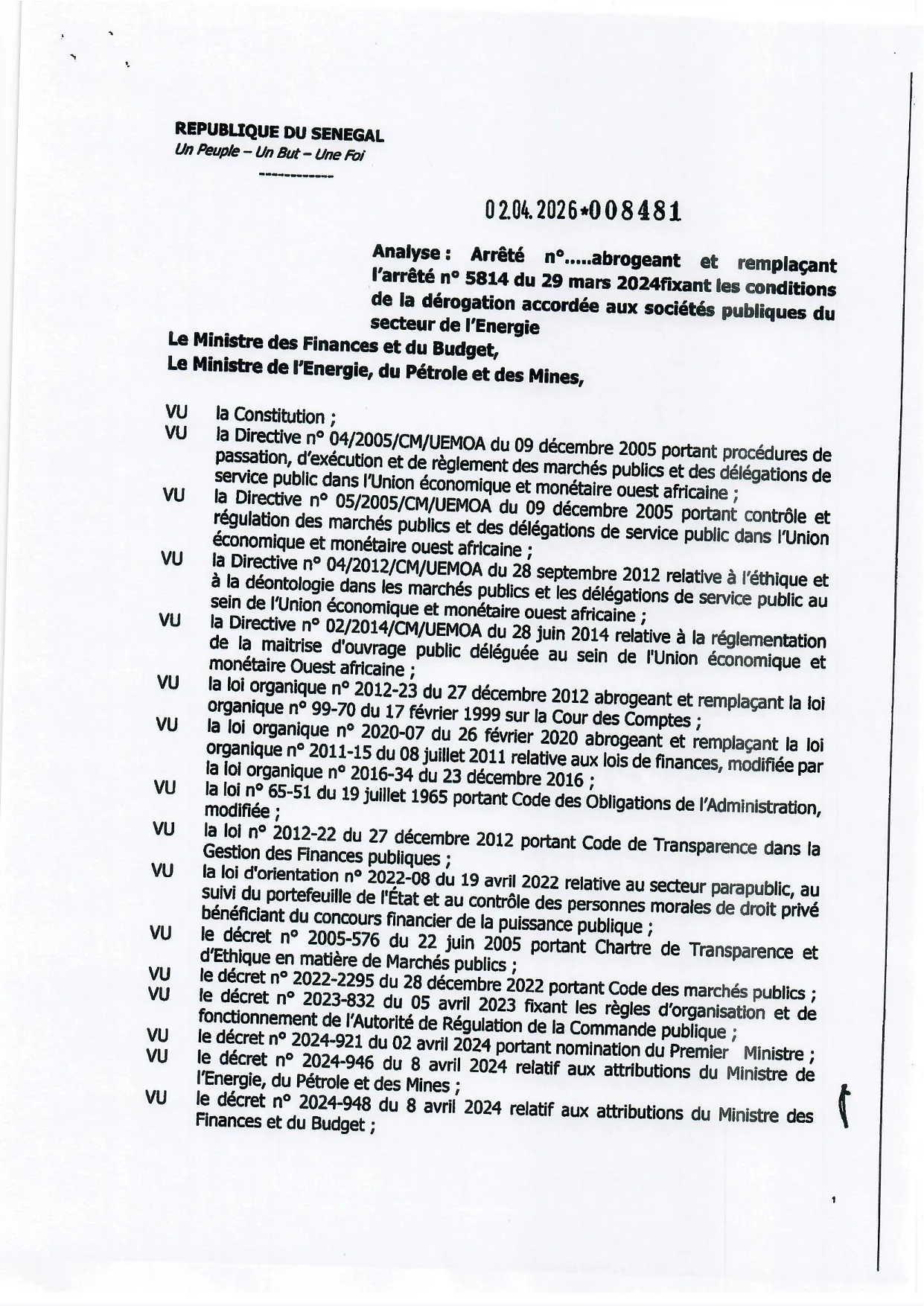 Arrêté n° 8481 du 04 avril 2026 fixant les conditions de dérogation au Code des marchés publics pour les sociétés publiques du secteur de l’énergie – Ministères des Finances et du Budget et de l’Énergie, du Pétrole et des Mines