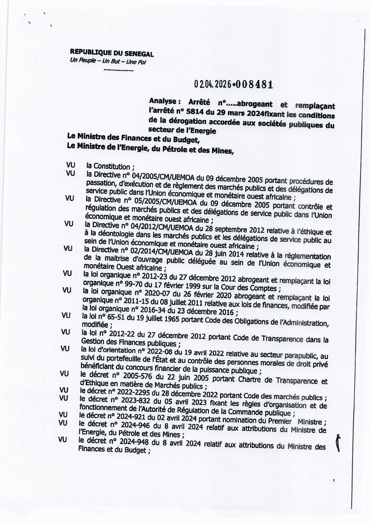 Arrêté n° 8481 du 04 avril 2026 fixant les conditions de dérogation au Code des marchés publics pour les sociétés publiques du secteur de l’énergie – Ministères des Finances et du Budget et de l’Énergie, du Pétrole et des Mines