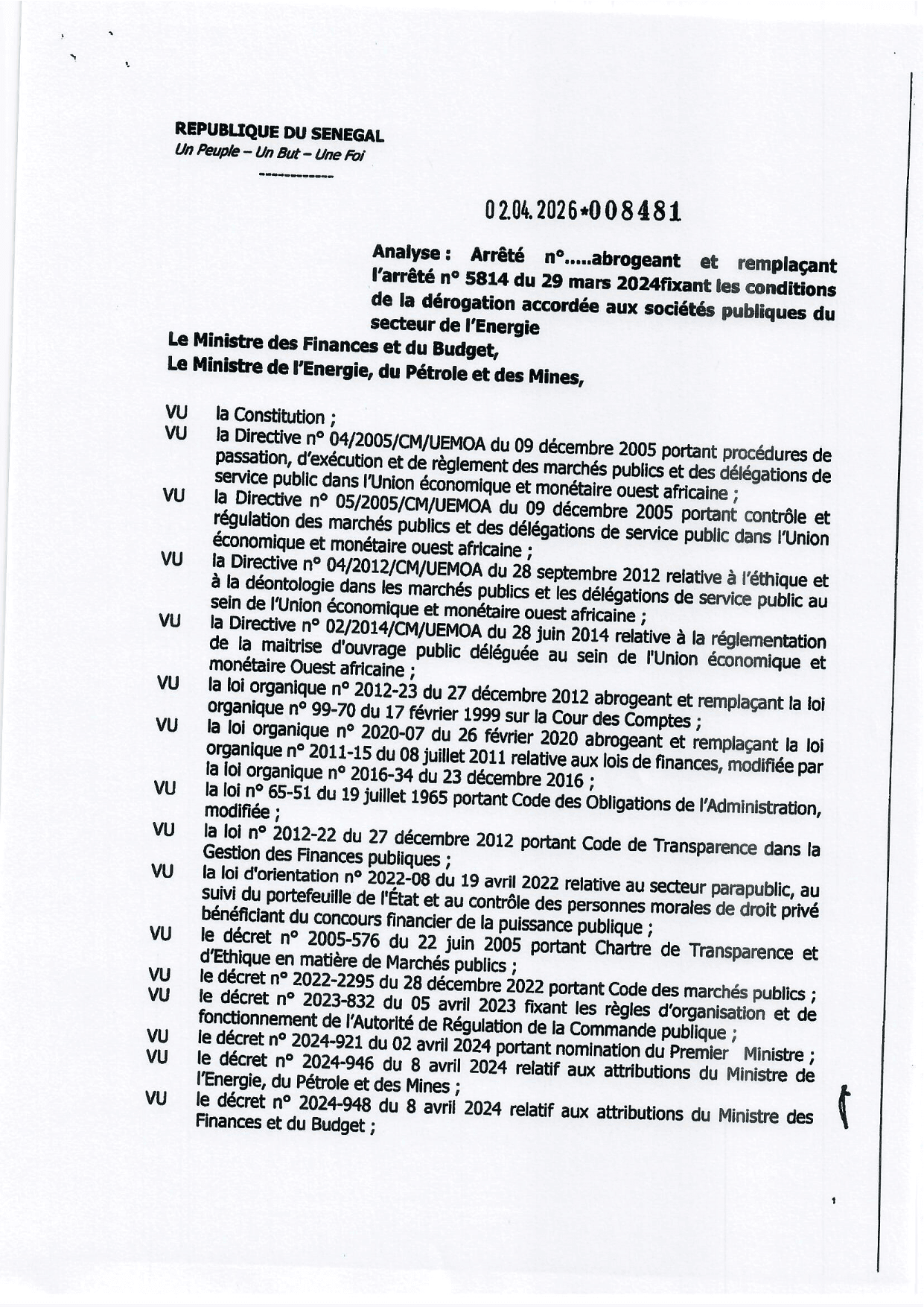 Arrêté n° 8481 du 04 avril 2026 fixant les conditions de dérogation au Code des marchés publics pour les sociétés publiques du secteur de l’énergie – Ministères des Finances et du Budget et de l’Énergie, du Pétrole et des Mines