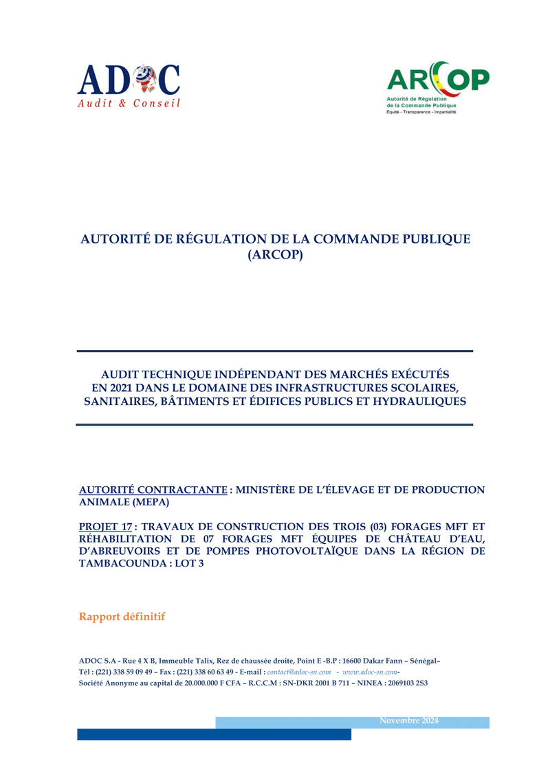 Audit technique des forages MFT du lot 3 à Tambacounda – MEPA/PRAPS, ARCOP