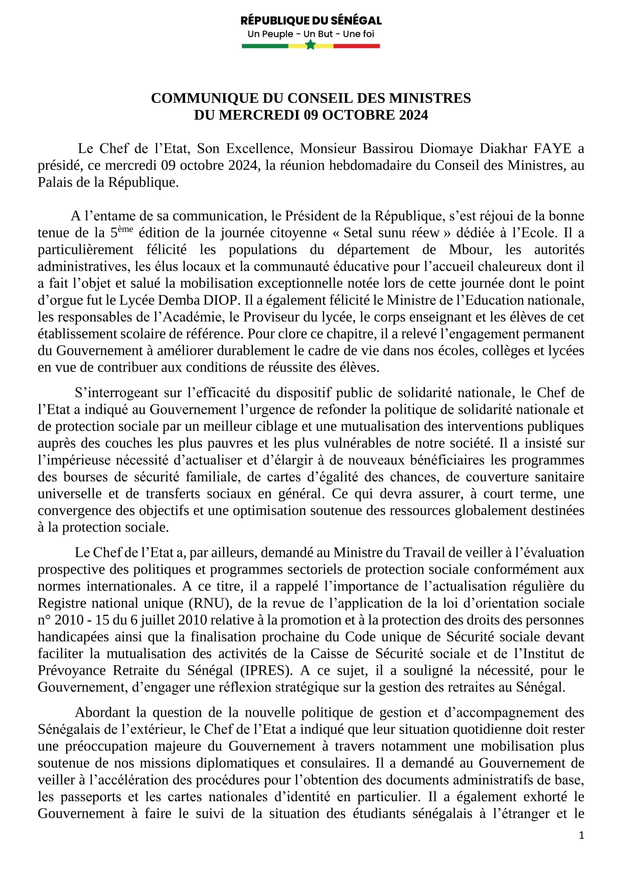 Conseil des ministres du 09 octobre 2024