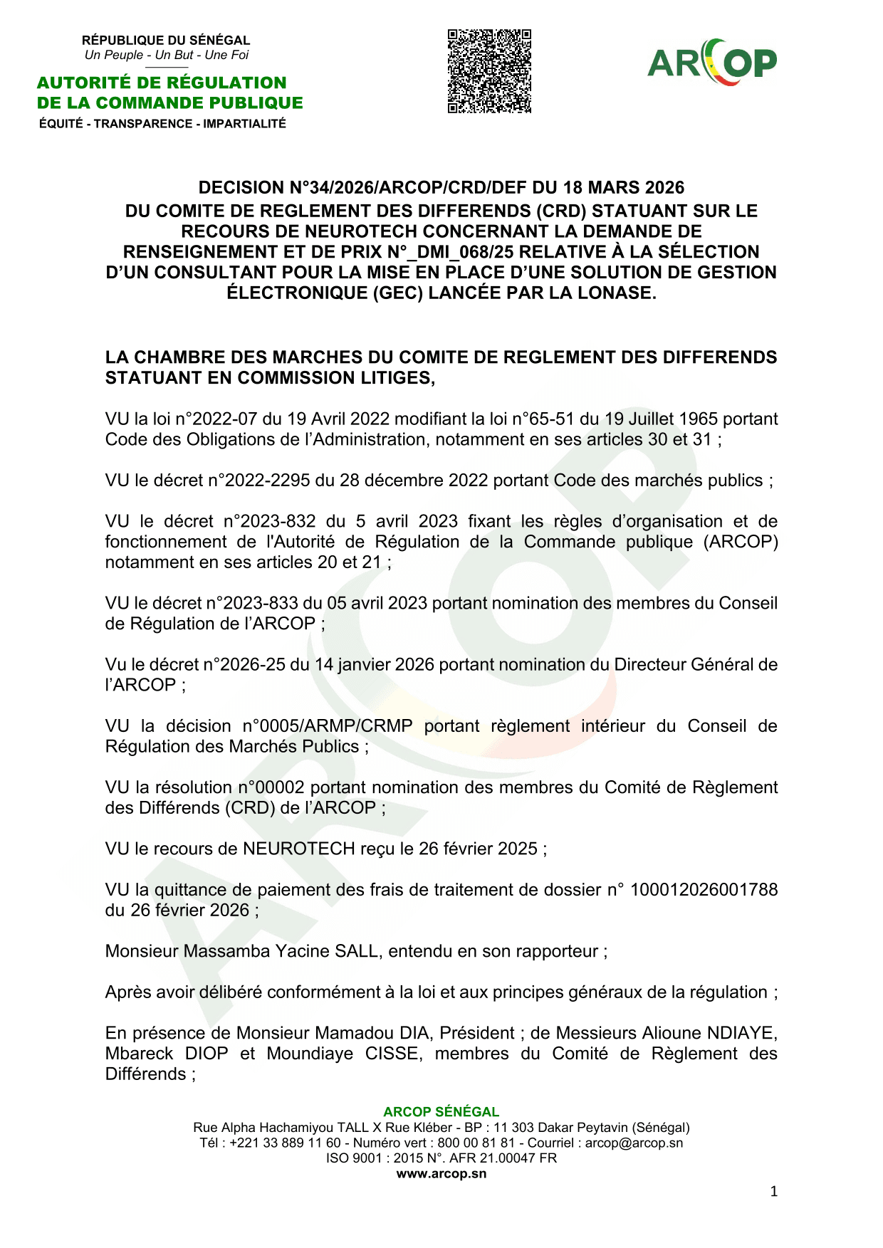 Décision sur le recours de NEUROTECH contre la DRP DMI_068/25 de la LONASE – ARCOP